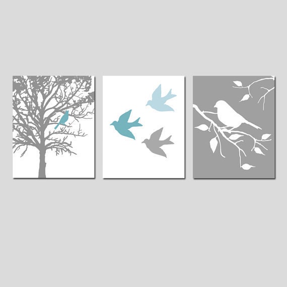 Modern Bird Trio - Set of Three 8 x 10 Prints - in Gray, Yellow, Blue, and More - Perfect for Nursery