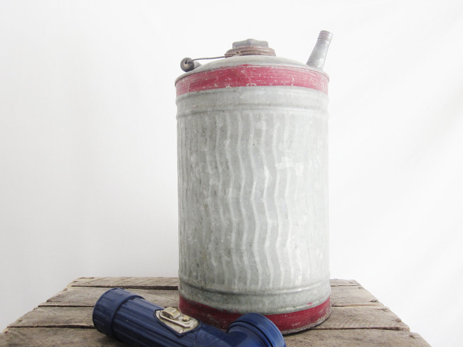 Antique Gasoline Can Wood Handle Rustic Primitive Farmhouse Garage Decor Man Dad Cave Red Stripe