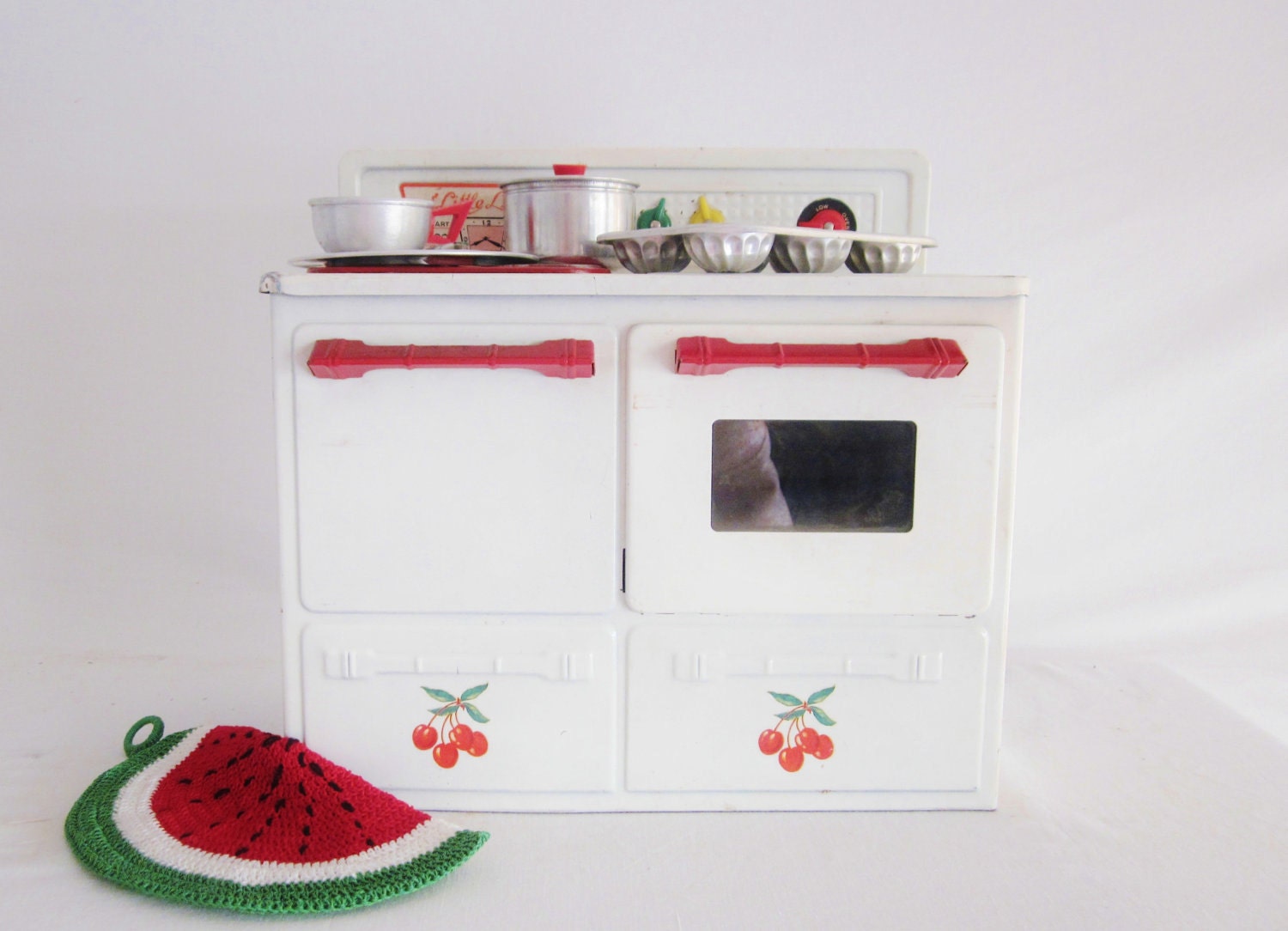 Vintage Toy Tin Play Stove Cherry Kitchen Mid Century Toy Tin Dishes