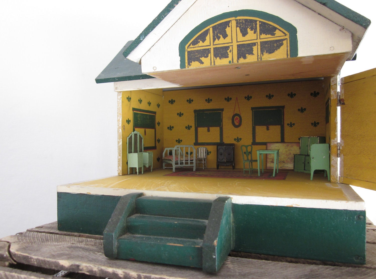 Antique Converse Doll House Toy Primitive Folk Art House Green Yellow Miniature Vintage Dollhouse