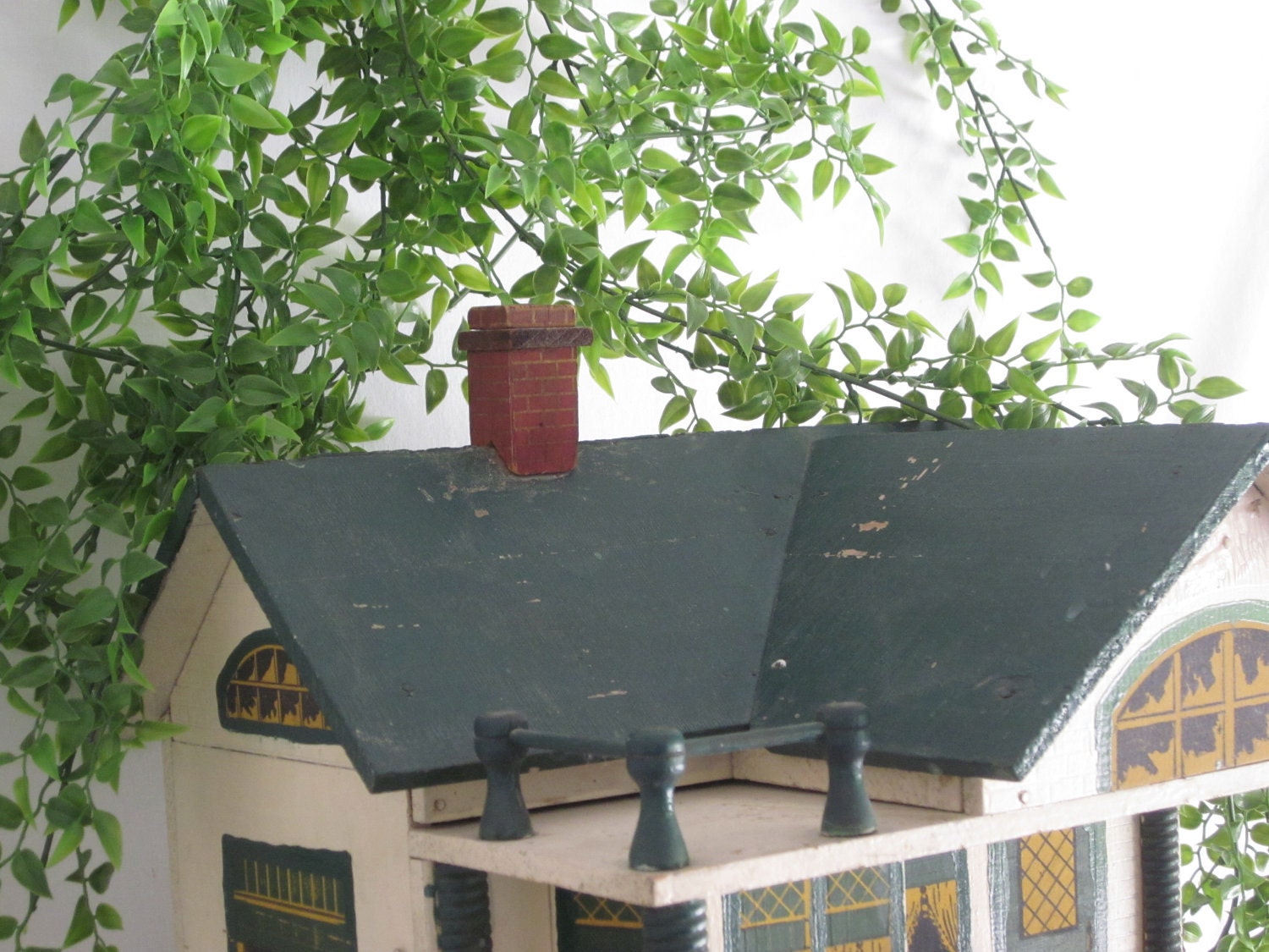 Antique Converse Doll House Toy Primitive Folk Art House Green Yellow Miniature Vintage Dollhouse