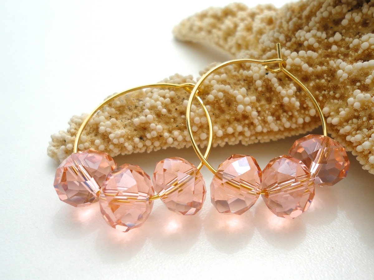 Crystal Gold Hoop Earrings Urban Gypsy Gold Romantic Beaded Coral Peach Faceted Chandelier Drops Sparkly Summer