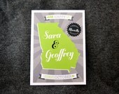 State Silhouette and Photo Save the Dates - 50 5" x 7" - Sparkly Cardstock - Green & Gray - Black and White Photo