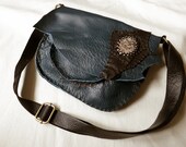 Leather Purse Blue and Black- Leopard Jasper Cabochon - WildGingerCreations