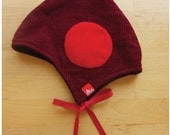 BABY BONNET, Sweet Elfin Bonnet with Circle Applique : Red & Black Herringbone Size 12-18 Months