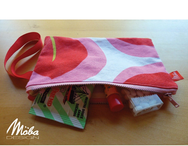 Zippered Pouch, Lined Pink Zippered Bag with Pink and Red Leaf Pattern with Red Strap