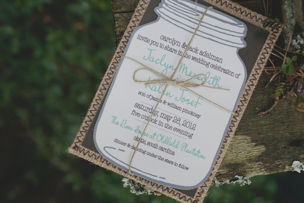 Burlap and Mason Jar Invitations (outer envelope included)