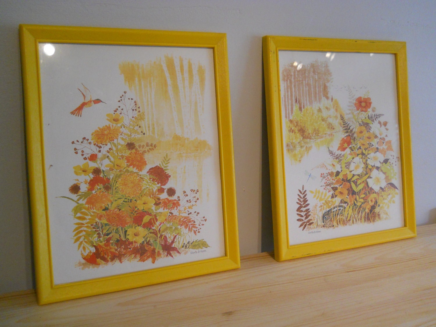 Set of framed nature scenes prints 70's sunny yellow