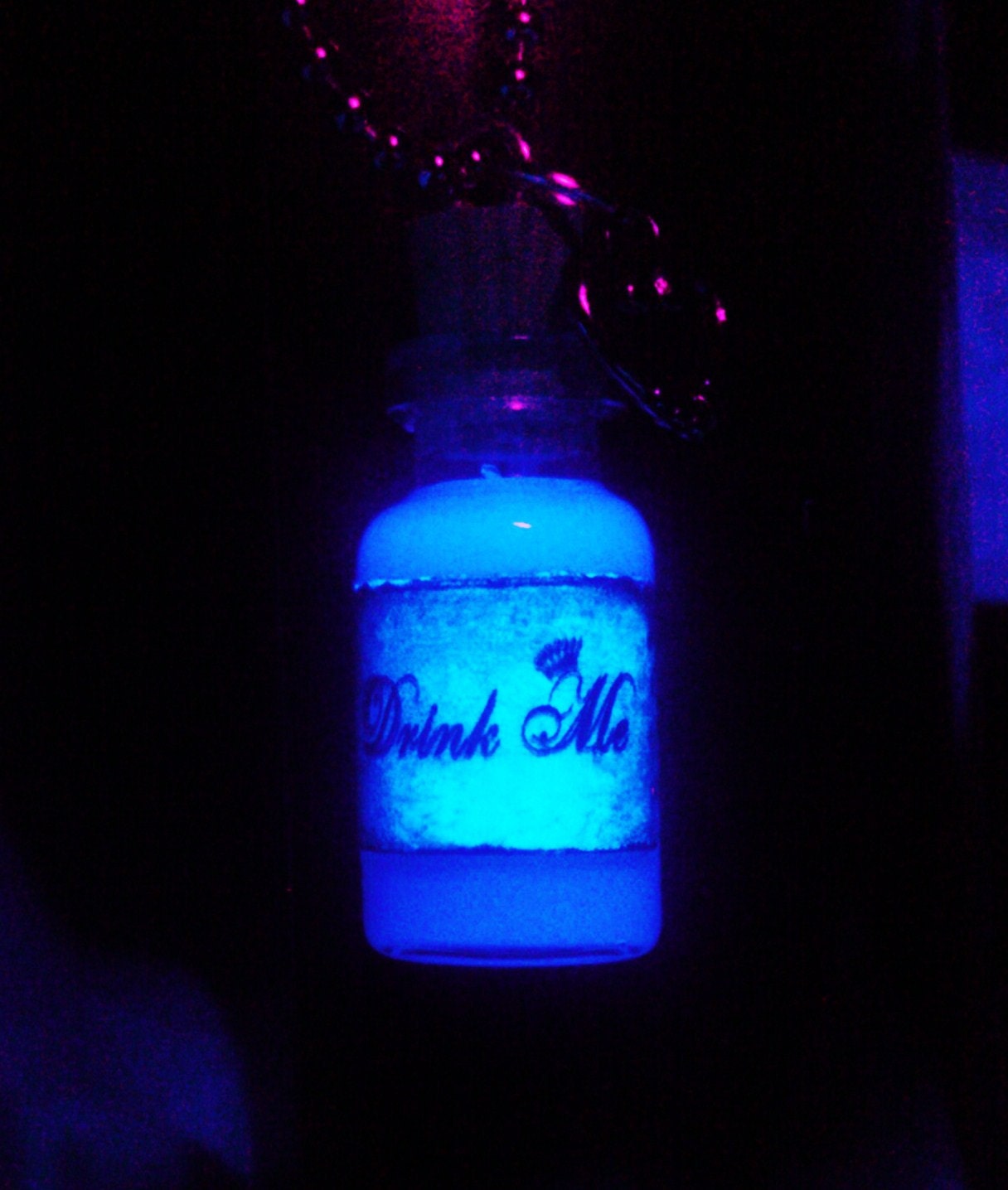 Alice in Wonderland Drink Me Bottle Potion Vial Necklace Black Light Glow in the Dark