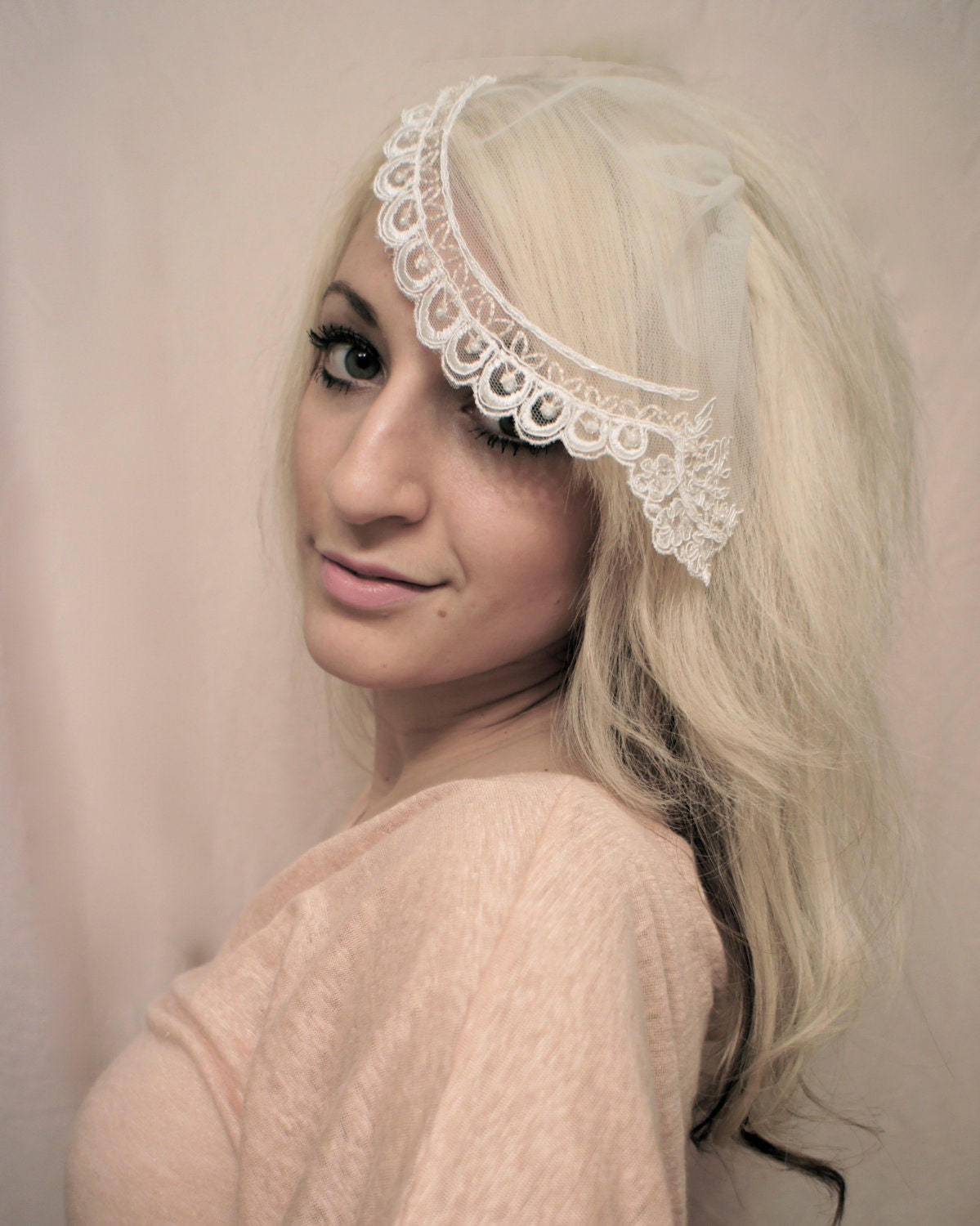 Sweet Blusher Scalloped Cream Pale Pink Mini Birdcage Veil