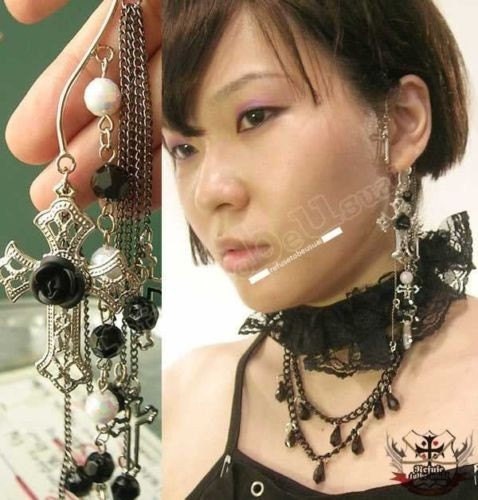 Gothic Punk lolita EGL Jewel non pierced wire earring w/ cross crucifix faceted Aurora Borealis beads (single)