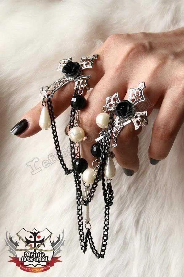Gothic Aristocrat Lolita EGL Victorian Jewelry teardrop pearl twin cross double rings (adjustable)