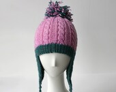 Hand Knit Gingerbread Icing Ear Flap Hat in Jade Heather and Petal Pink
