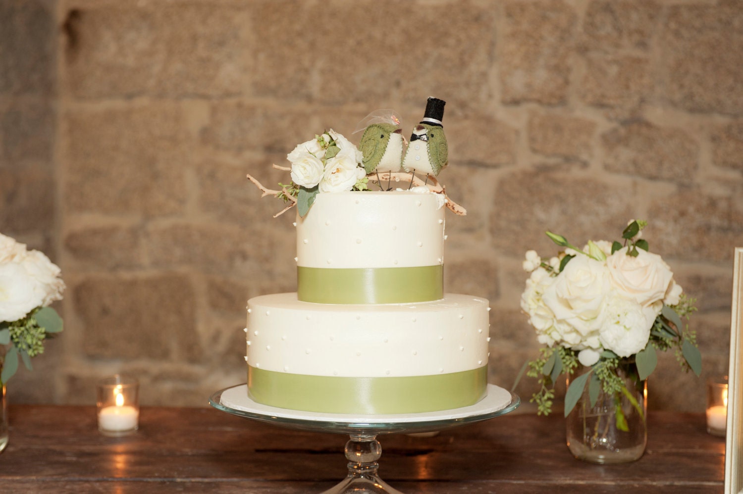 Moss Green Birds with Top Hat Wedding Cake Topper - MADE TO ORDER