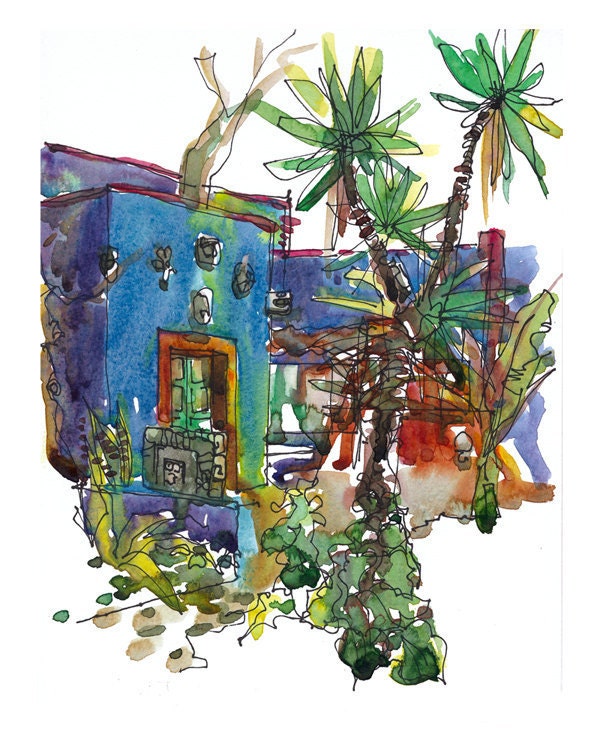 Frida Kahlo Art Blue House Mexico gift for traveller - 8x10 fine art print of an original watercolor sketch
