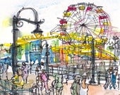 Santa Monica Pier, California, watercolor sketch in primary colors - 8x10 print - SketchAway
