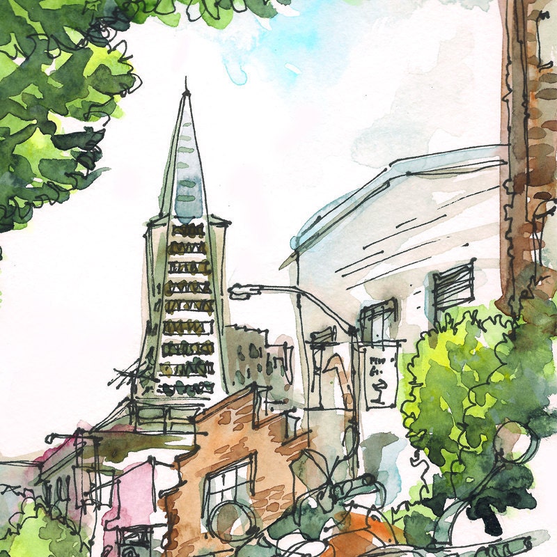 San Francisco California TransAmerica Building and bikes, watercolor sketch in green and grey - 8x10 fine art print