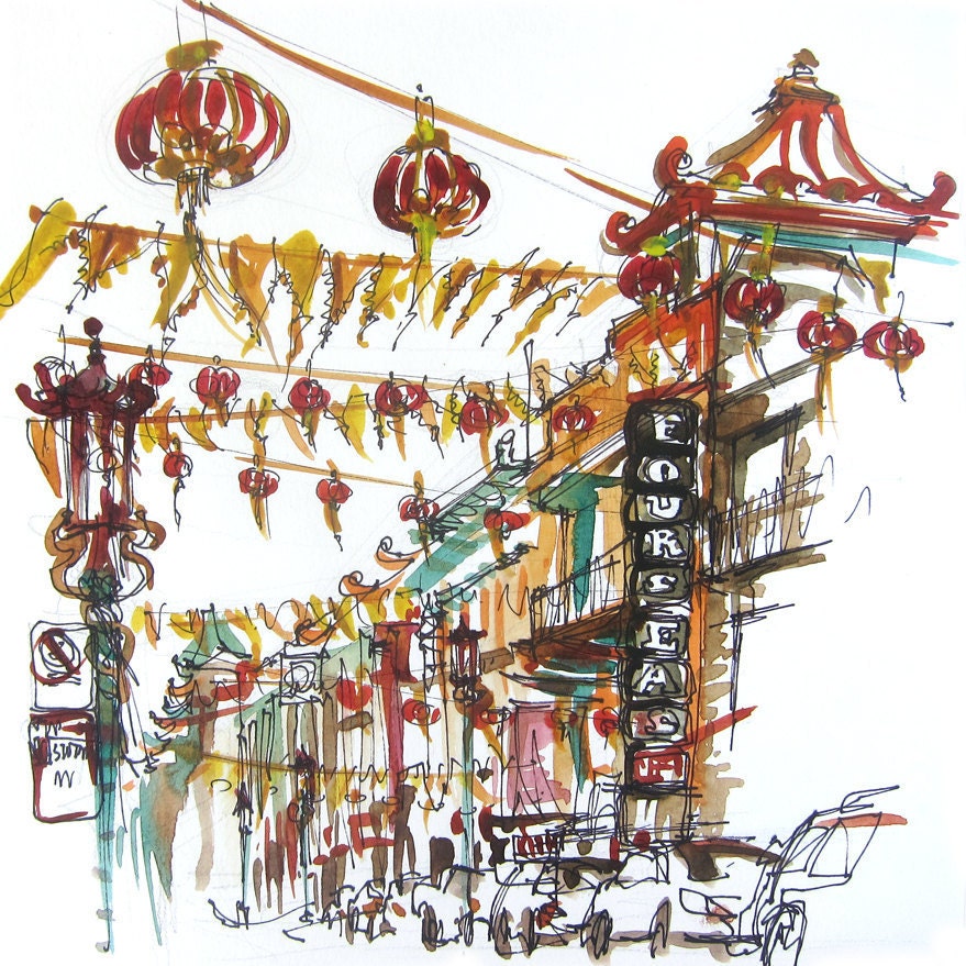 San Francisco Chinatown, california watercolor sketch, 8x8 fine art print from an original watercolor