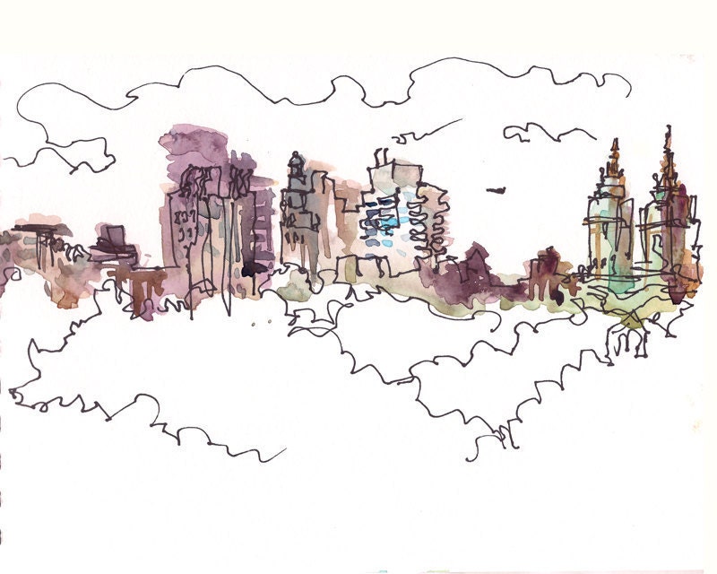 New York skyline Central Park New York sketch- Set of 2 fine art prints 8x10 each