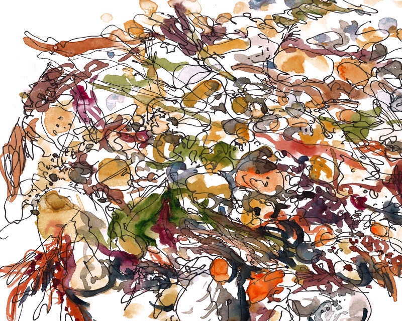 Beach Abstract Art, watercolor sketch with seaweed beach pebbles floatsam and jetsam, 8X10 print