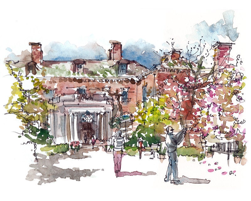 Watercolor sketch from California Country Estate at Spring time 8x10 print from an original sketch