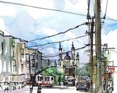 San Francisco Cole Valley power lines, urban watercolor sketch in blue and grey - 8x10 print