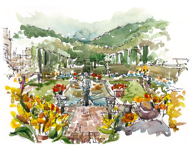Garden in bloom, flower sketch - a watercolor sketch in fiery yellow, red and green - 8x10 print