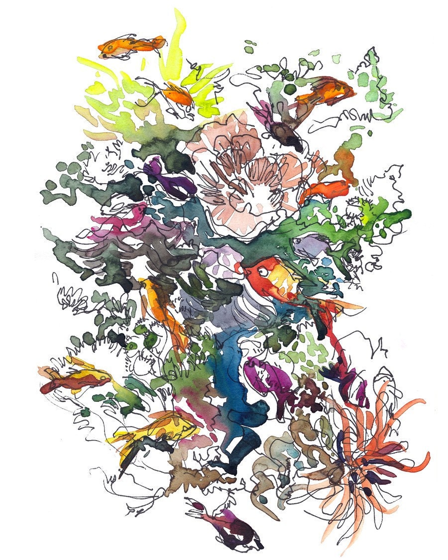 Coral Reef, watercolor sketch with fish, coral and seaweed abstract watercolor sketch 8X10 print