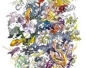 Coral Reef, watercolor study with fish, coral and seaweed abstract watercolor sketch, An 8X10 print