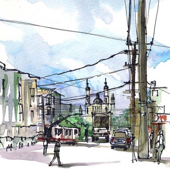 San Francisco Cole Valley power lines, urban watercolor sketch in blue and grey - 8x10 print