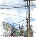 San Francisco Cole Valley power lines, urban watercolor sketch in blue and grey - 8x10 print
