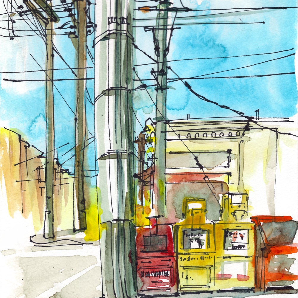 San Francisco Watercolor Sketch, Power Lines and Newspaper Dispensers, Urban travel sketch- 8x10 print