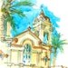 Ornate Architecture, San Jose California Facade and palm trees watercolor sketch - 8x10 print