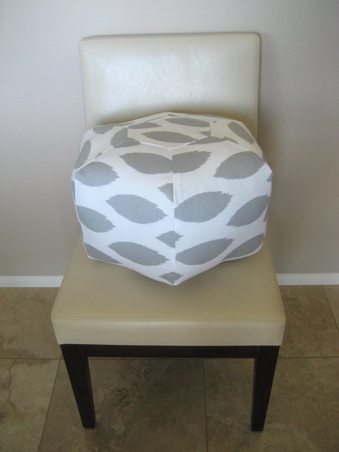 18" Ottoman Pouf Floor Pillow Grey White Ikat