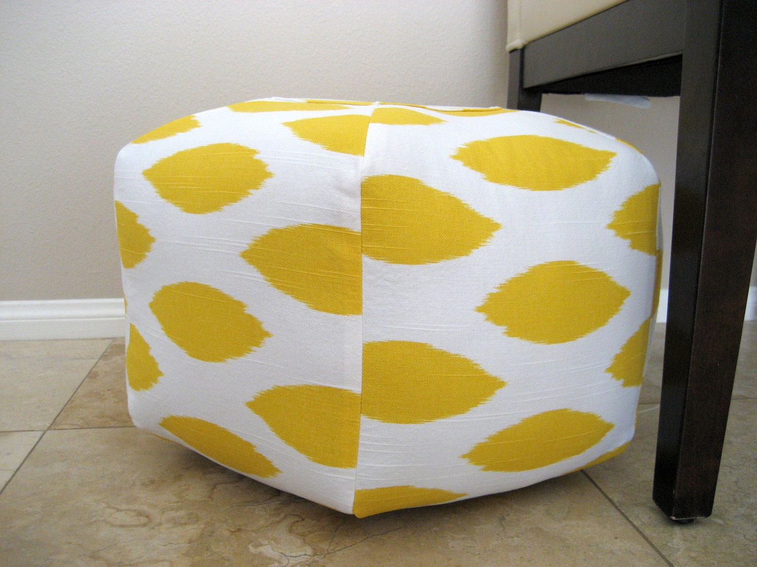 18" Ottoman Pouf Floor Pillow Yellow White Ikat