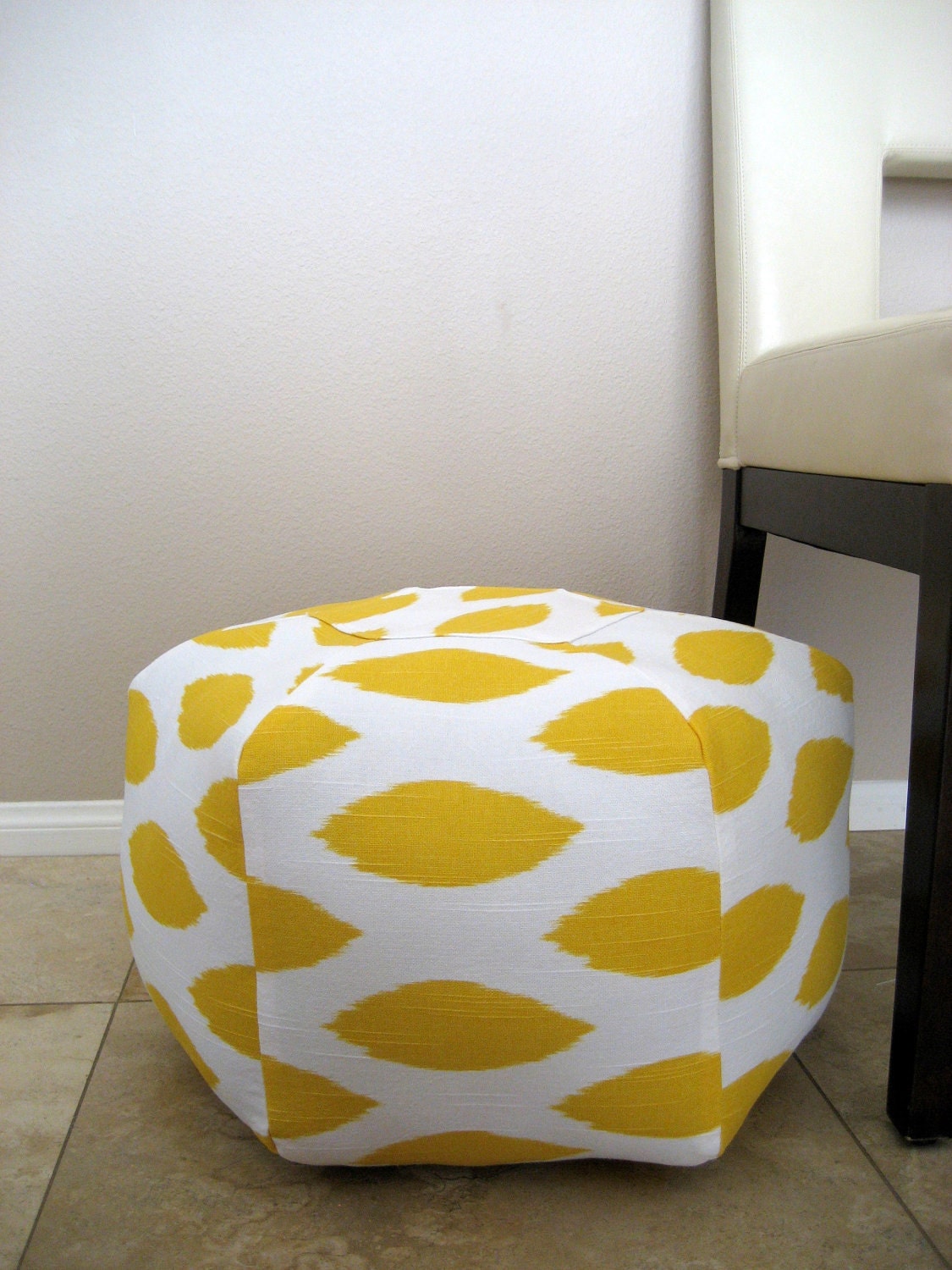 18" Ottoman Pouf Floor Pillow Yellow White Ikat