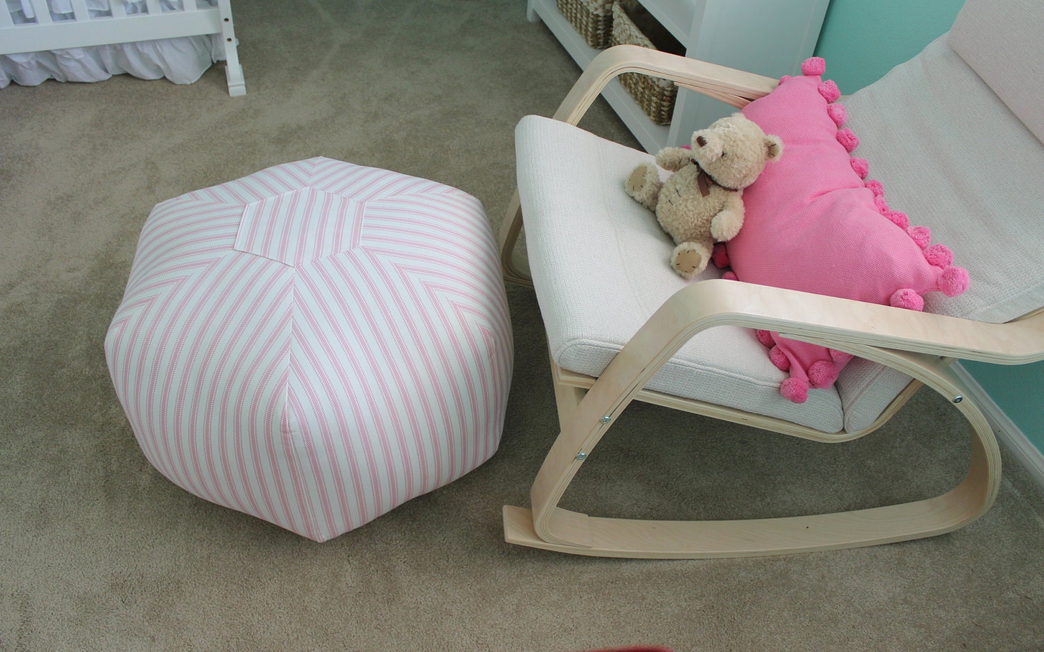 24" Ottoman Pouf Floor Pillow Hayes Baby Pink Stripe