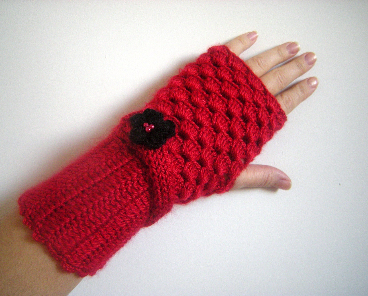 SPRING SALE Red Black Flower Autumn Arm Warmers, Fingerless Gloves Women Crochet