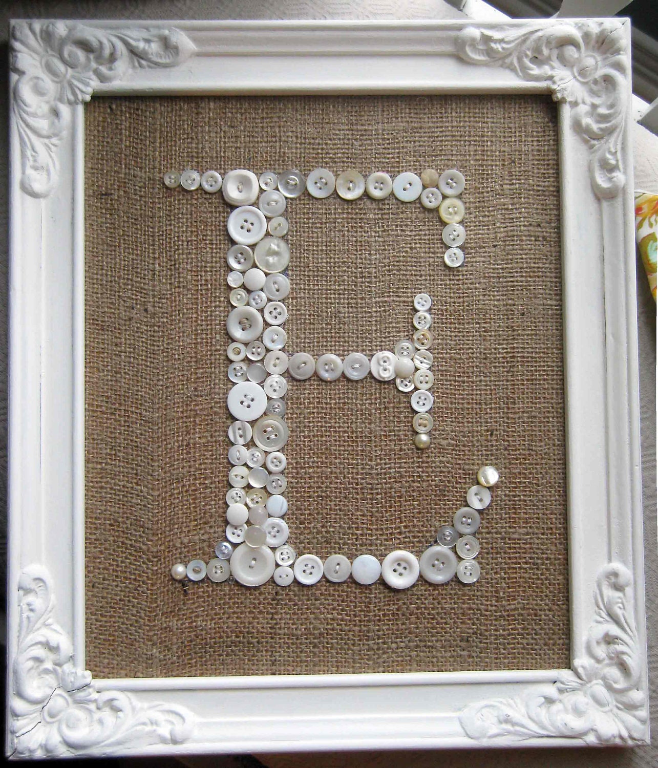 Letter E Button Monogram Antique Frame Included Burlap Vintage Buttons