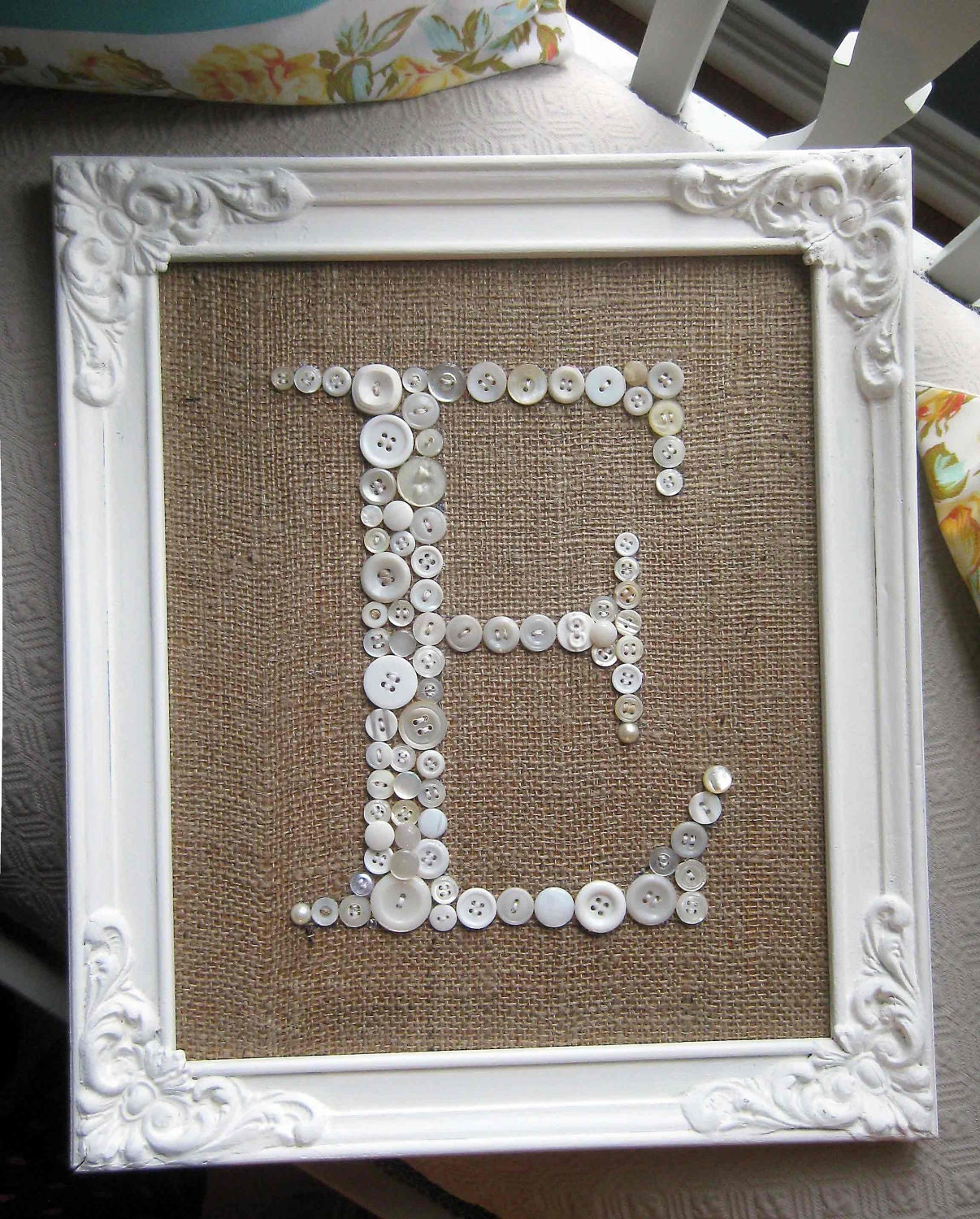 Letter E Button Monogram Antique Frame Included Burlap Vintage Buttons