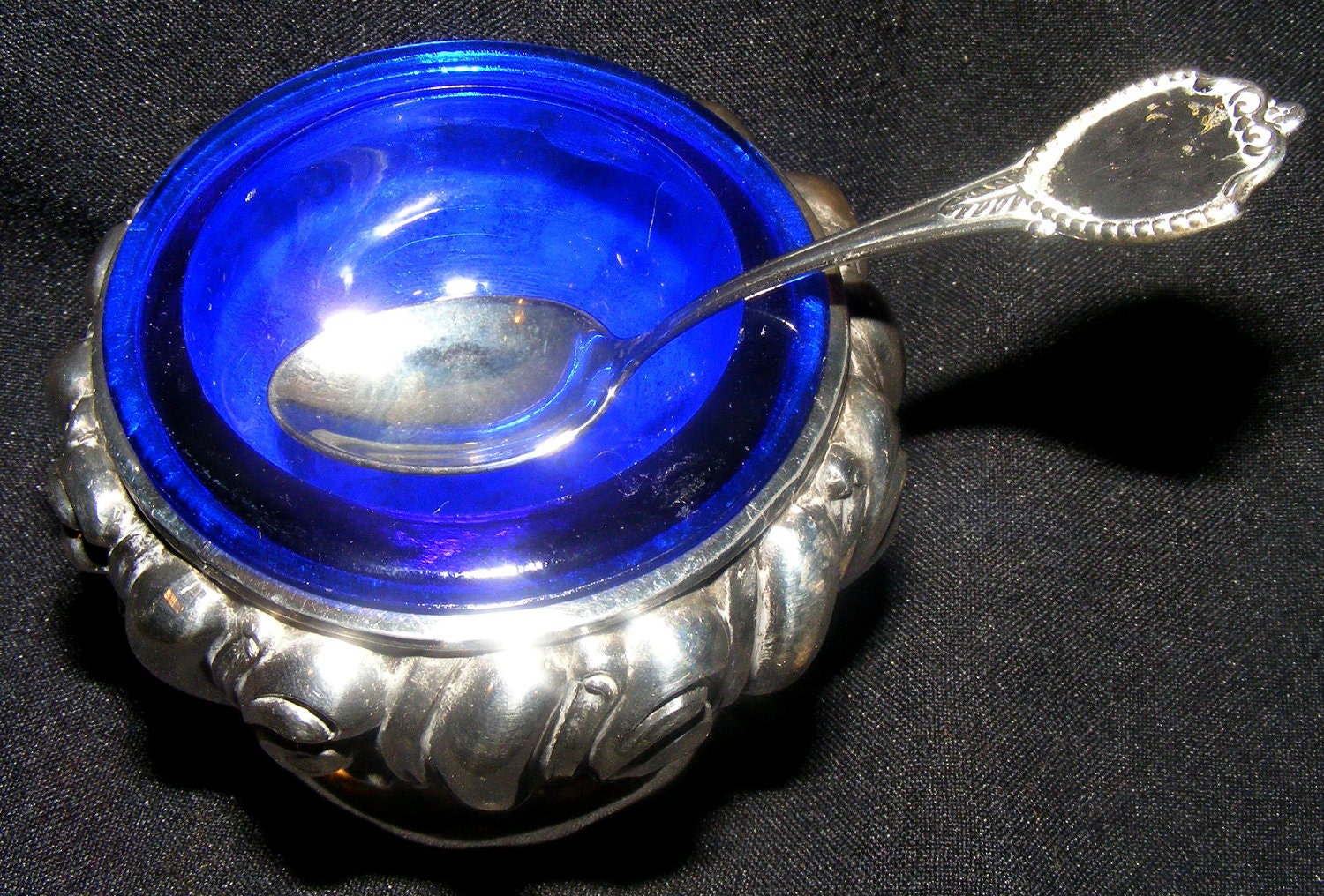 Elegant Little Dip Vintage Open Salt Cellar Dip Cobalt Blue Glass Silverplate Sterling Silver Salt Spoon