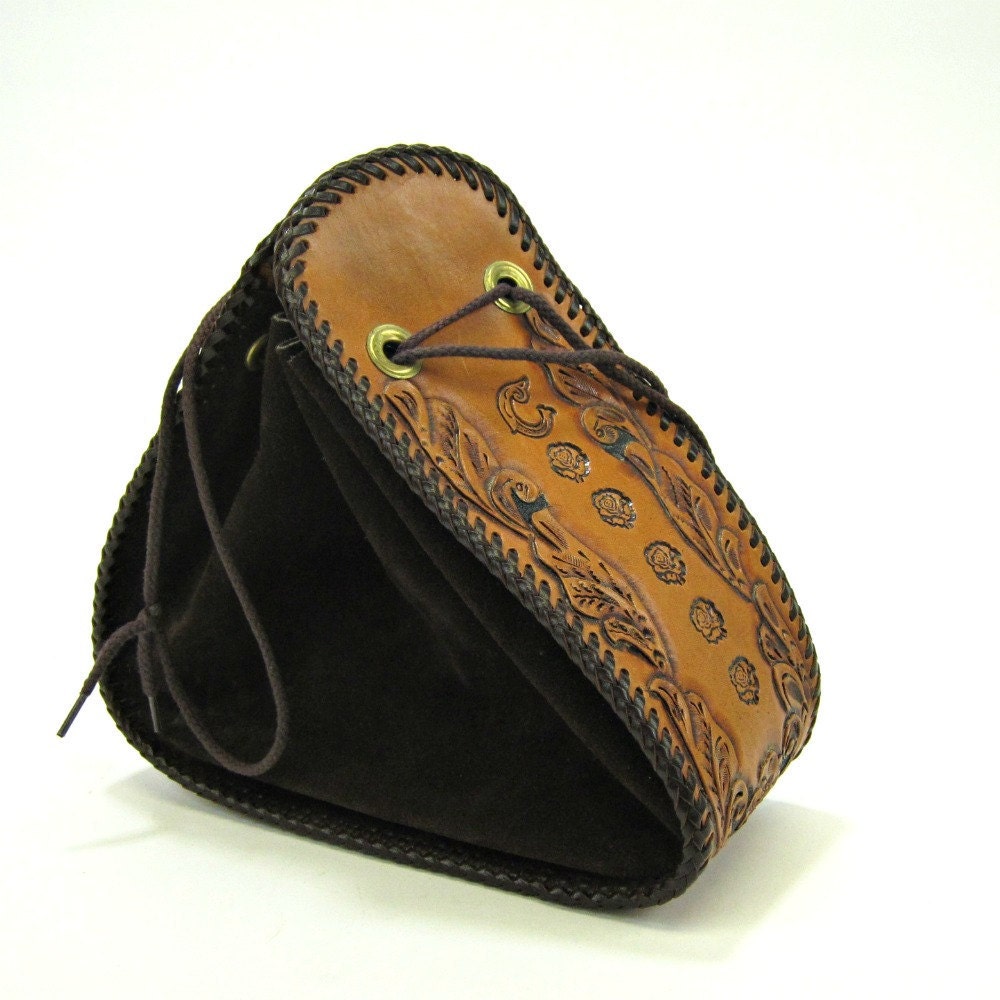 Vintage tooled leather and suede stirrup shaped handbag - RecentHistory