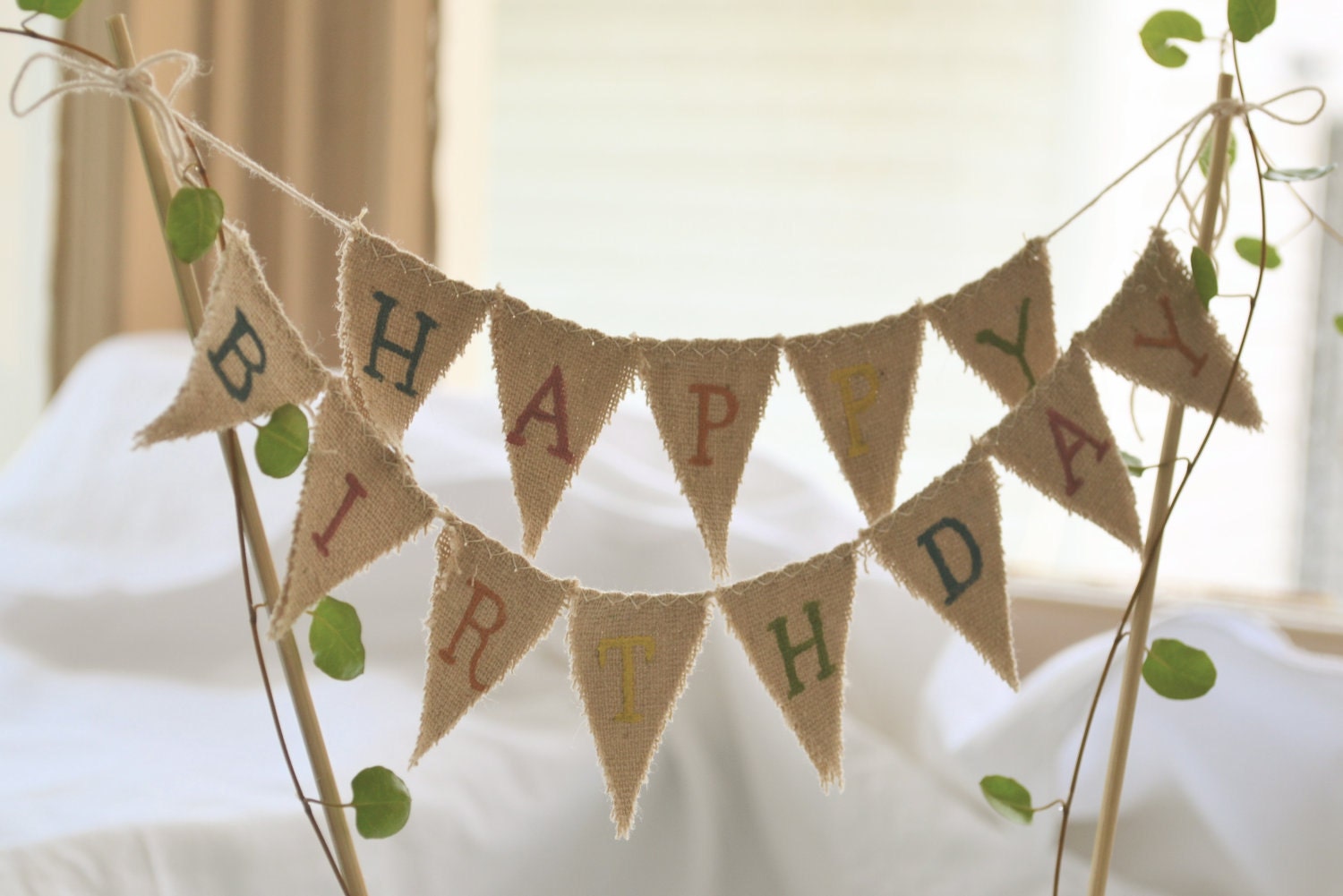 Happy Birthday Cake Topper Baker Banner in tea dyed cotton.