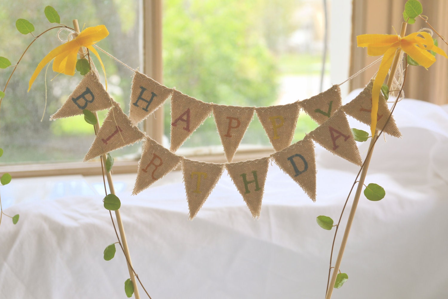 Happy Birthday Cake Topper Baker Banner in tea dyed cotton.