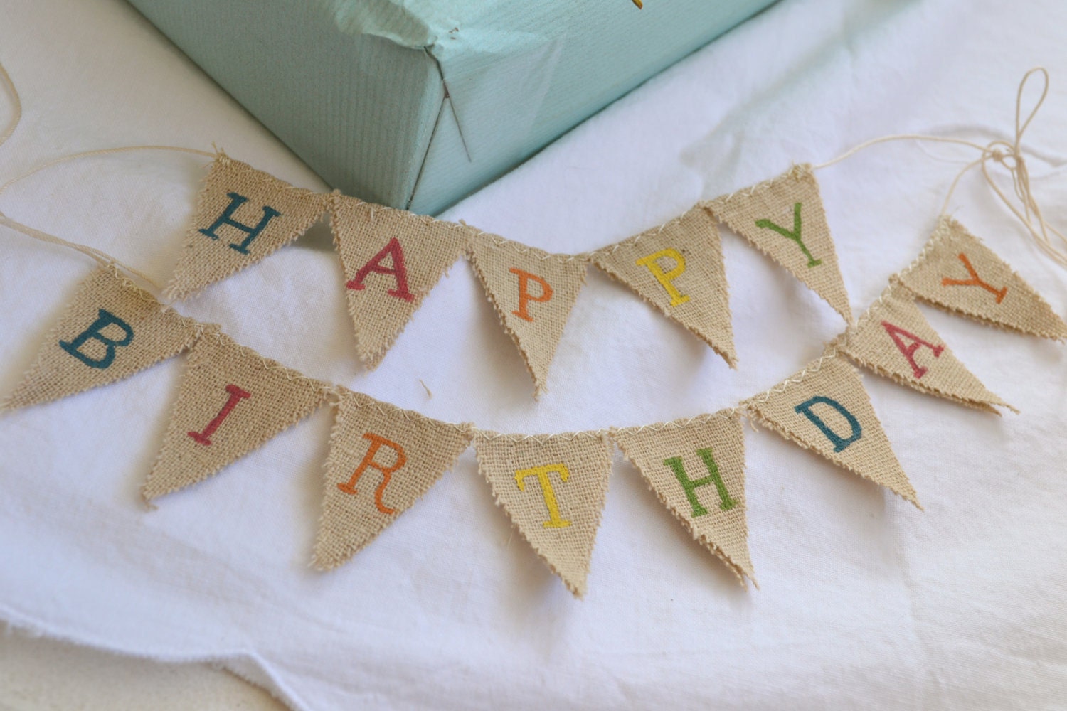 Happy Birthday Cake Topper Baker Banner in tea dyed cotton.