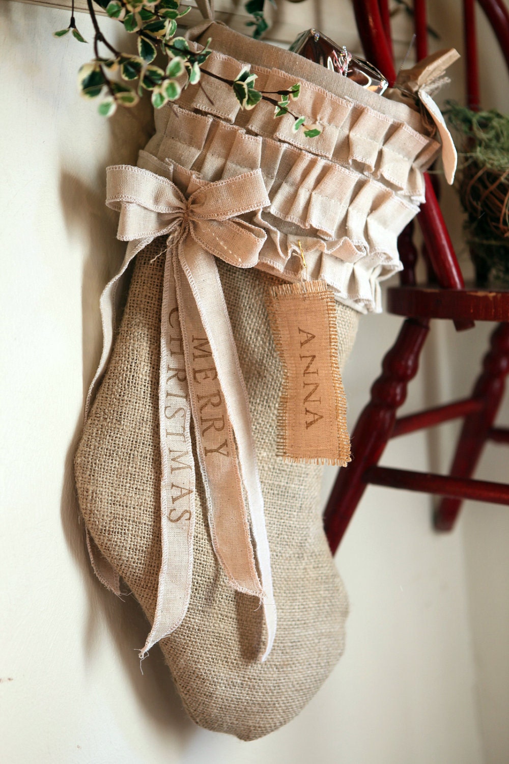 Custom listing for Jenna: Two Burlap Christmas Stocking, cotton ruffles, custom, personalized