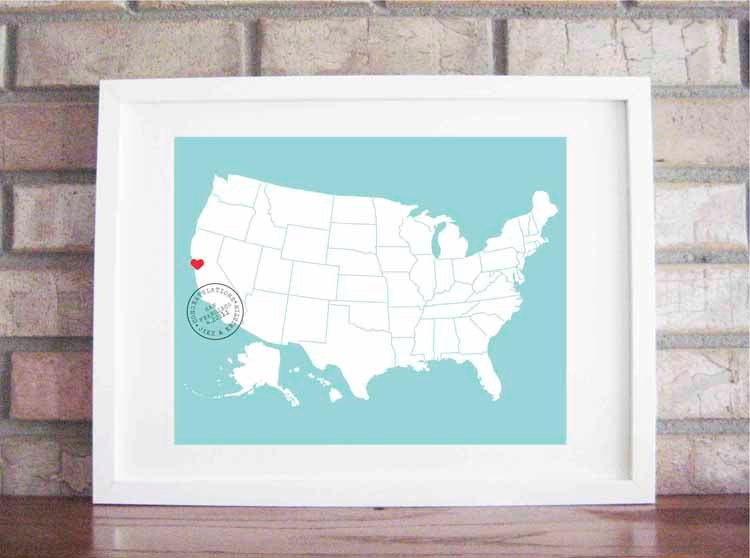 Custom Wedding / Anniversary Map and Stamp 11 x 14