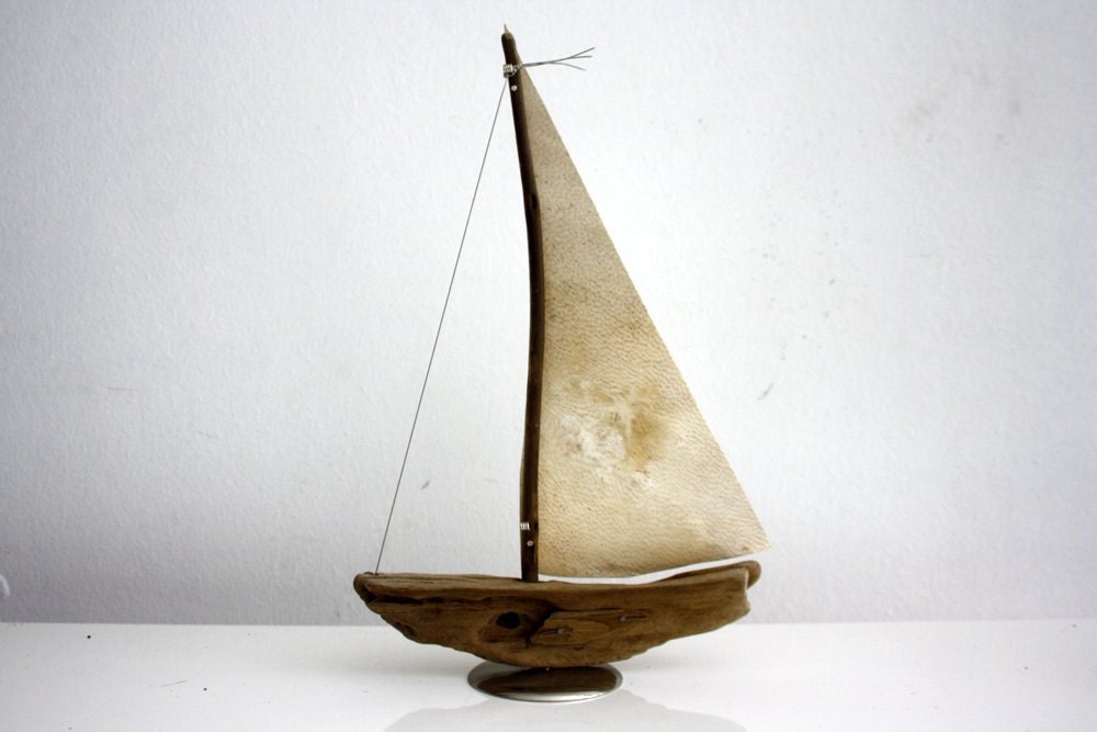 driftwood boat with a sail from genuine goatskin parchment... size 16 x 24 cm...maritime feeling for your home