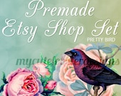 Premade Etsy Shop Set - banners, avatars, listing images - Pretty Bird - vintage, flowers