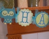 Adorable Teal and Green Owl Happy Birthday Banner Matching Pom Poms Available